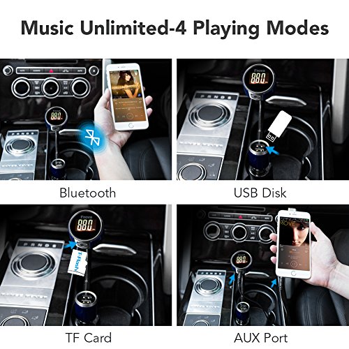 Fnova Wireless In-car Bluetooth FM Transmitter, Radio Adapter Car Kit W Dual USB Car Charger for iPhone Smartphone,MP3 Audio Player Supports TF Card Aux Input,Hands Free Calling