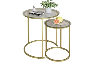 Azheruol Nesting Coffee Table Set of 2,Modern Gold Tempered Glass Side Table, Metal Frame Round End Table.Small Glass Tea Table for Living Room,Bedroom Studio Apartment Essentials，23.2in