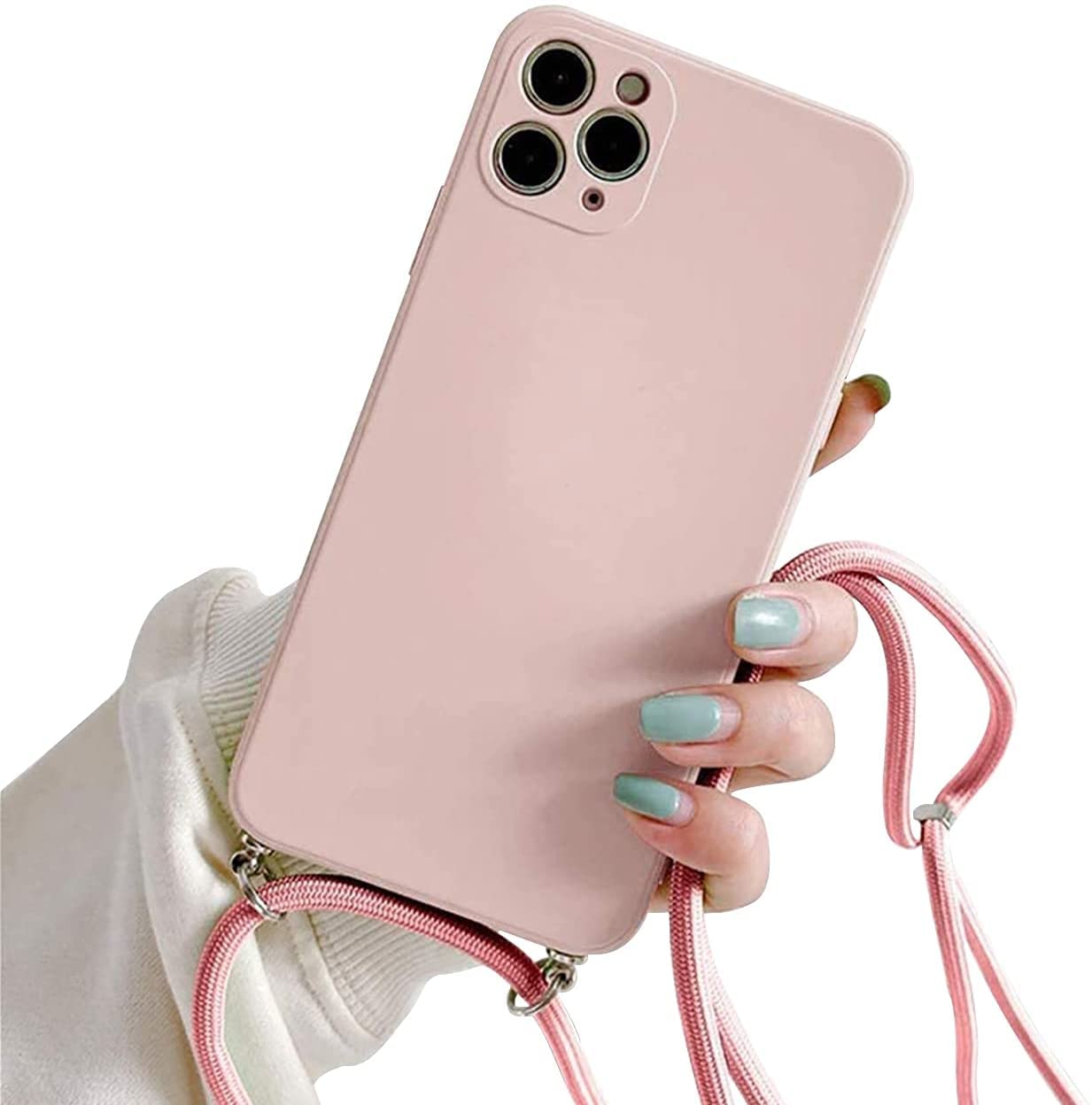 Galful Mobile phone chain for iPhone 13 pro max case, silicone mobile phone case with lanyard smartphone necklace protective bumper with strap shockproof lanyard case cover for iPhone 13 pro max pink