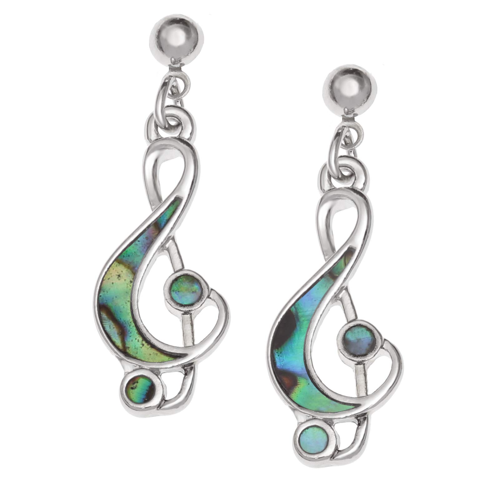 Kiara Jewellery Hypoallergenic Music Note/Treble Clef Stud Earrings Inlaid With Bluish Green Paua Abalone Shell.