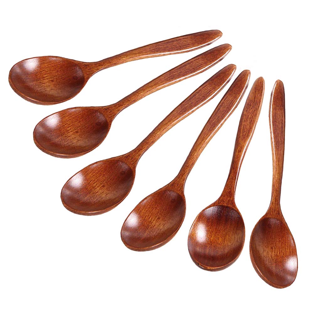 Wooden Spoon Set Handmade Wood Spoon Craft for Tea Coffee Honey Sugar Condiment Rice Kids Spoons 6 Piece