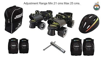 Jaspo Blacken Intact Adjustable Senior Roller Skates Combo Suitable for Age Group 6 to 14 Years (Skates+ Helmet + Knee Guard+ Elbow Guard + Bag+Key)