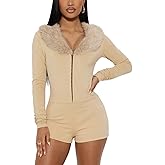 YOUFE Womens Sexy Faux Fur Romper Deep V Neck Buckle Long Sleeve Shorts Jumpsuit Y2K Bodycon Club Outfit Going Out