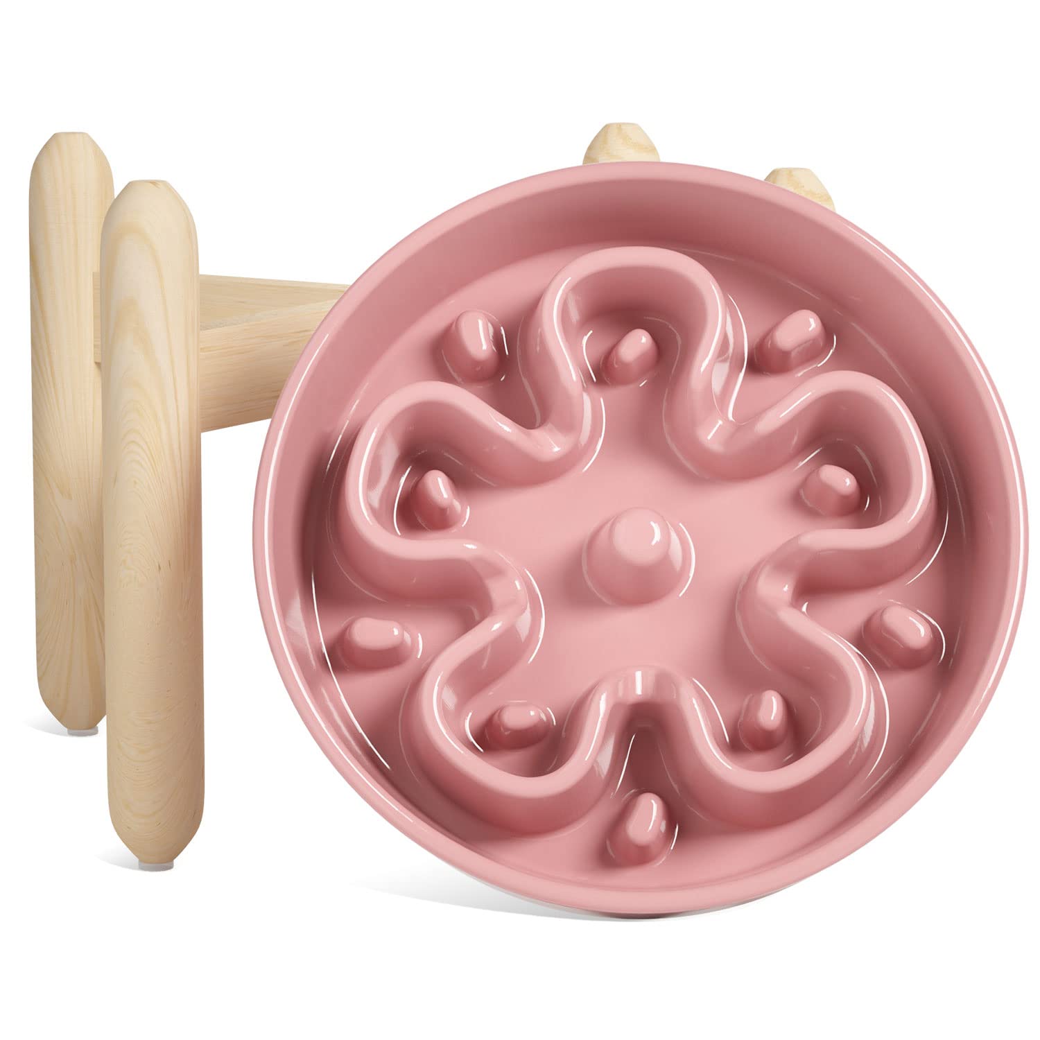 Photo 1 of LE TAUCI Ceramic Slow Feeder Dog Bowls Elevated, 3 Cup Raised Bowl with Wooden Stand for Medium Large Breed, Slow Down Eating, Puzzle Dog Food Bowl, Pink Bloom