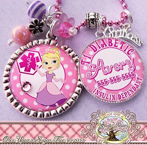 Medical Alert Necklace, Princess Theme T1 Diabetic Jewelry, Diabetes, Pink, Purple