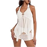 SweatyRocks Women's Mesh Split V Neck Halter Top Flowy Sleeveless Asymmetrical Tie Back Party Tops