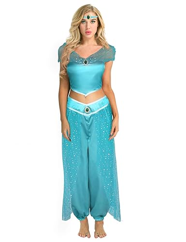 FEESHOW Damen Mädchen Pailletten Schulterfrei Ärmellos Top + Haremshose + Stirnband Set Karneval Cosplay Prinzessin Kostüme V
