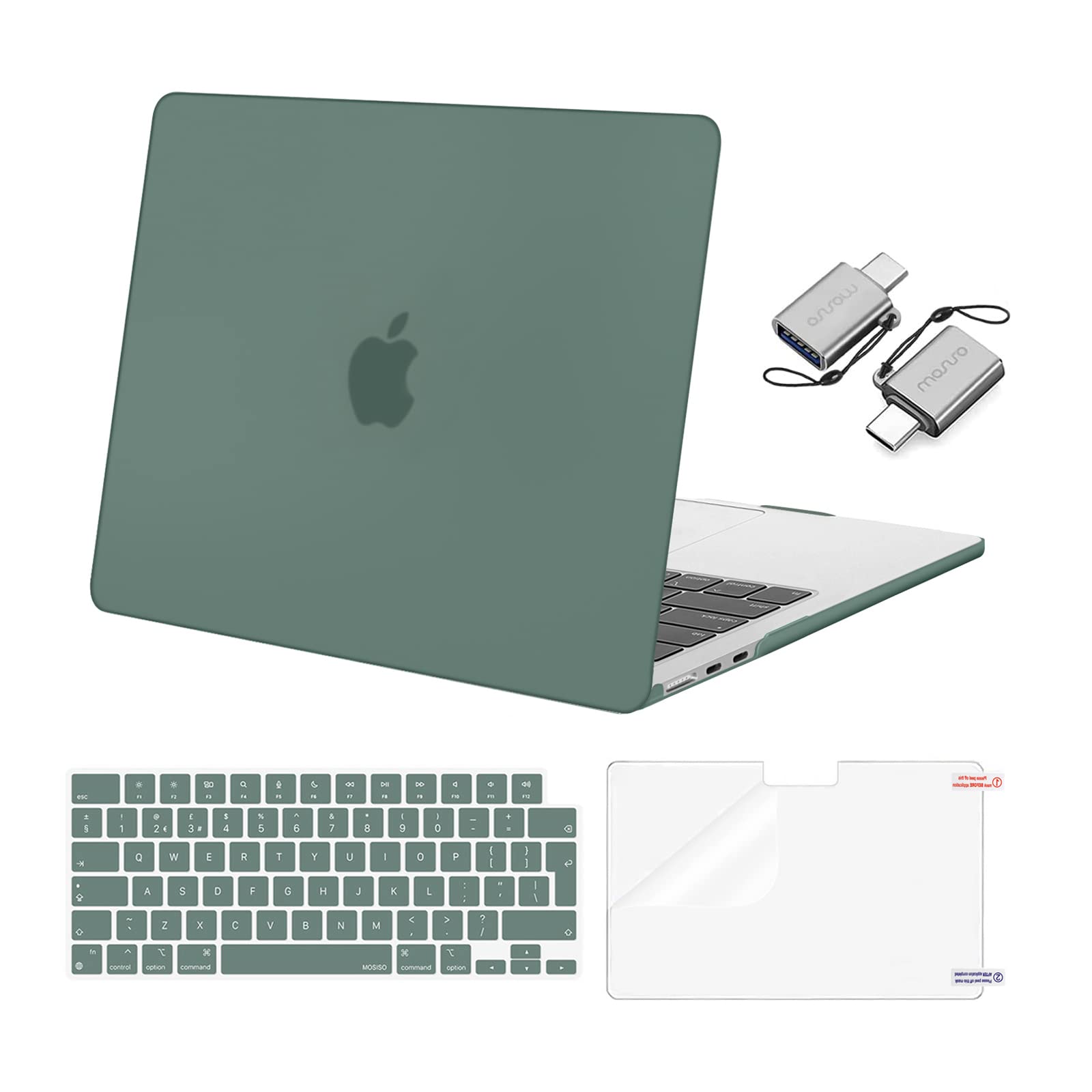 MOSISO Compatible with MacBook Air 13 inch Case M5 M4 M3 M2 2026-2022 A3449 A3240 A3113 A2681, Hard Shell Case for MacBook Air 13.6 inch &Keyboard Cover&Screen Film&Type C Adapter, Emerald Green