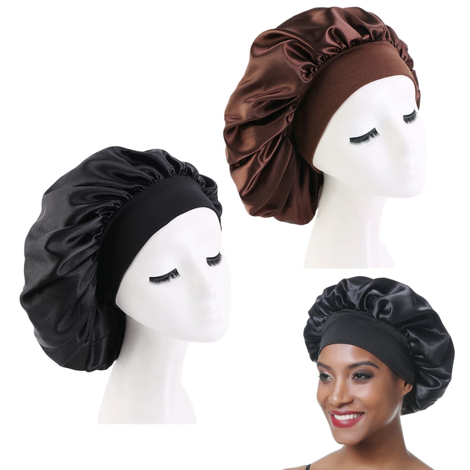 JZK 2 x Wide Band Satin Bonnet Sleep Cap, Night Sleeping Cap Silk Hair Bonnet for Girls and Women, Black and Brown