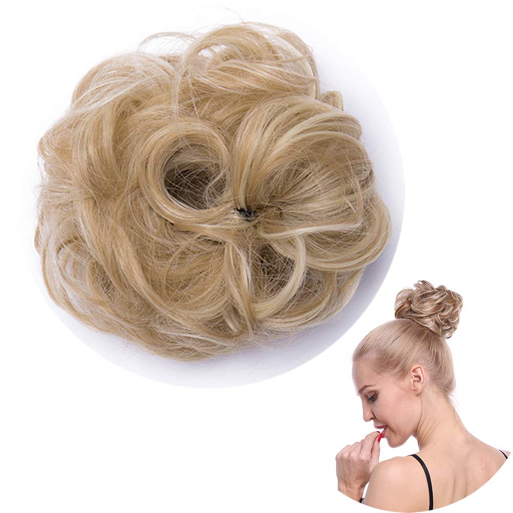 Thick Donut Scrunchie Hair Bun Updo Hairpiece - Wavy Curly Messy Ribbon Chignons Ponytail Extension [Dark Blonde to Bleach Blonde]