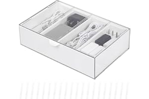 Yesesion Plastic Cable Organizer Drawer with Adjustable Compartments and 20pcs of Wire Ties, Large Electronics Cord Management Box for Phone Charger, Power Cords, Desk Accessories Storage (White)