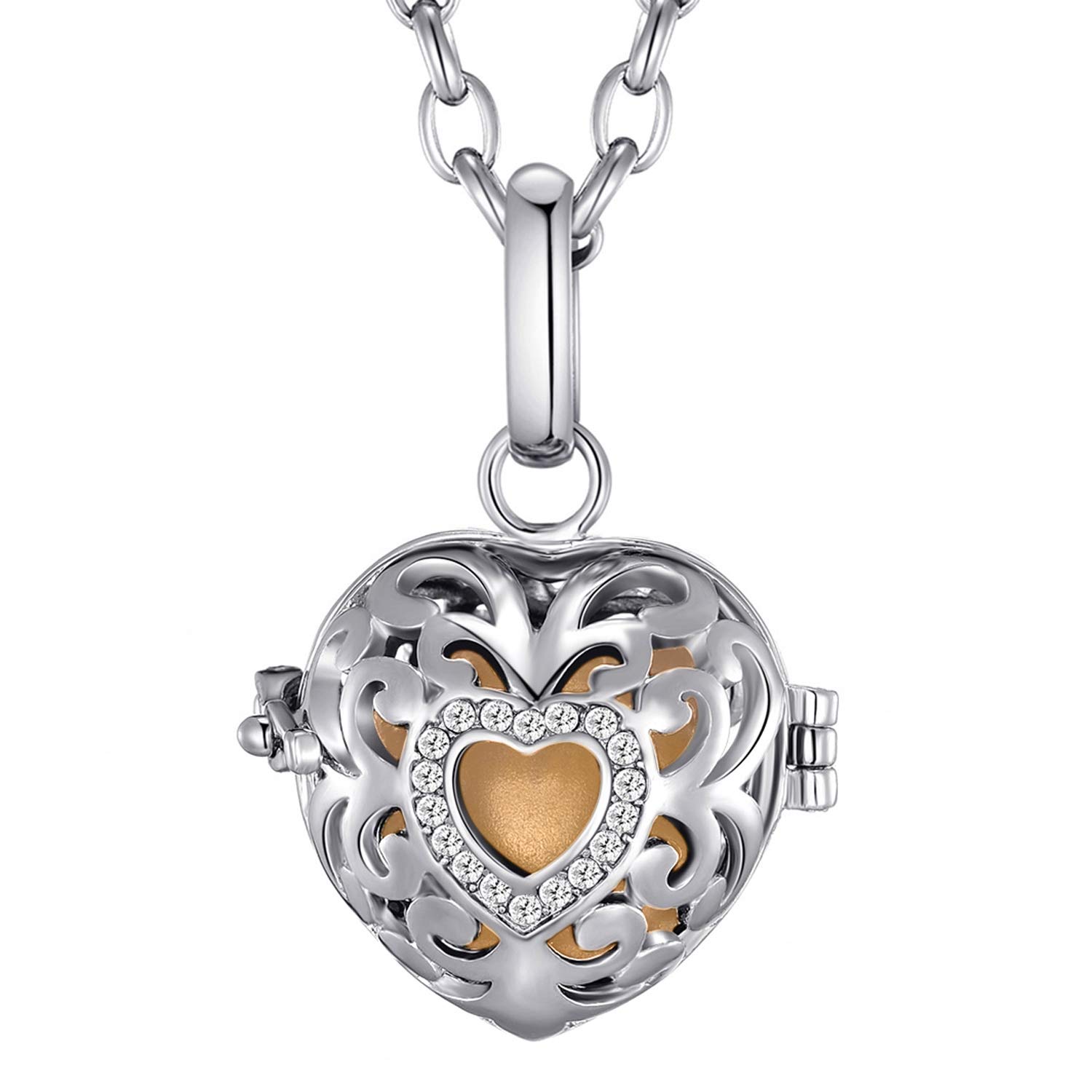 Morella Women Necklace Stainless Steel 70 cm 27,5" with Love Heart Pendant with Sound Ball Gold Ø 16 mm 0,63" in a velvet jewelry bag