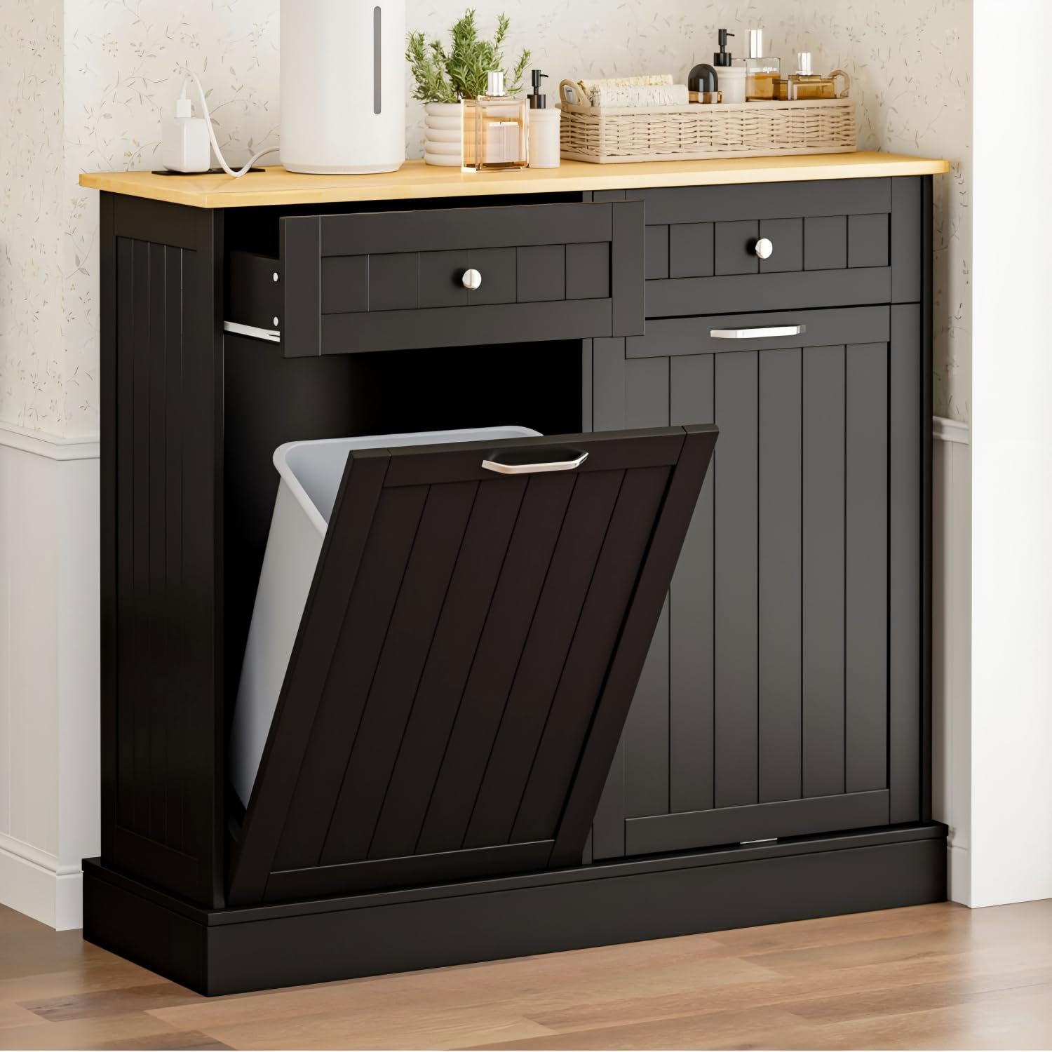 Photo 1 of GAZHOME 20 Gallon Double Tilt Out Wooden Trash Cabinet with Charging Station, Upgrade Free Standing Recycling Cabinet with Outlet,Black