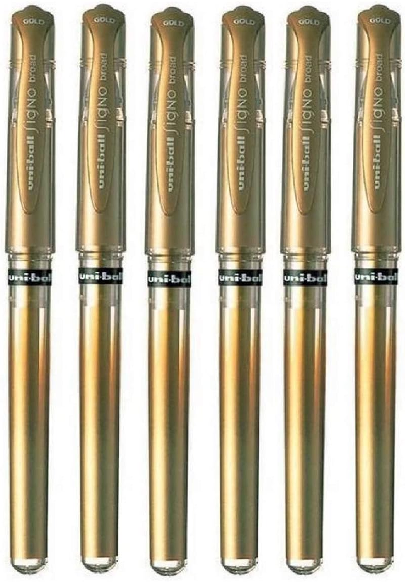uni-ball Signo Pen - UM-153 Broad Metallic Gel Ink Rollerball - Metal 1.0mm Tip Nib - Rubber Grip - In Gift Box (Pack of 6, Gold)