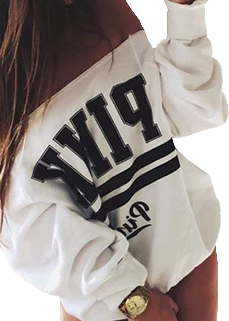 Women's Off Shoulder Sweatshirt Ladies Loose Casual Strapless Blouse Baggy Long Sleeve Tops Letter Print Pullover Sweater Shirt Teen Girls (White, XXL)