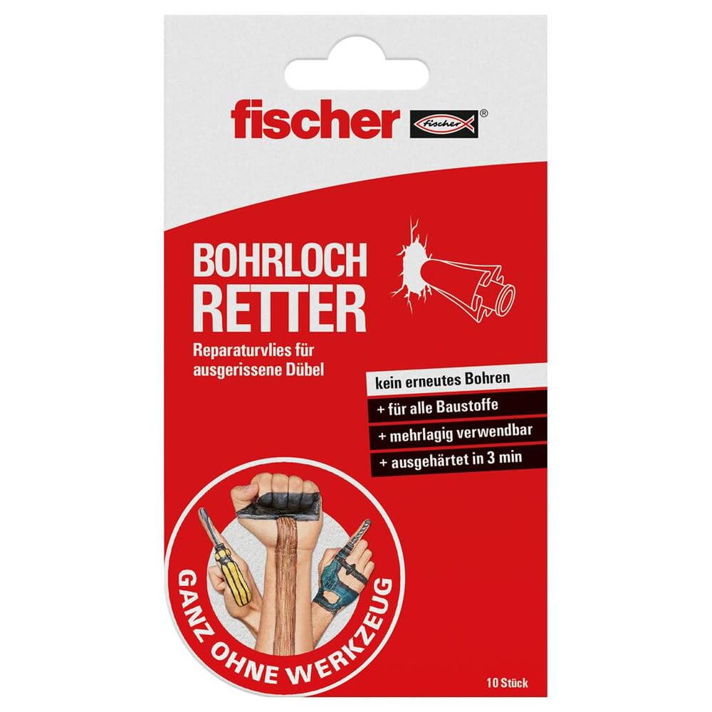 fischer Drill Hole Ritter Repair Fleece for Ripped Dowels in White, Repairing Out Drill Holes, Re-Fixing of Dowels in All Building Materials Such as Wood, Concrete, etc., Pack of 10