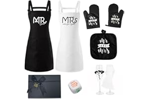 Pikpops 6PC Mr & Mrs Aprons Gift Set for Couple, Wedding Engagement & Bridal Shower Gifts Kits with Kitchen Accessories