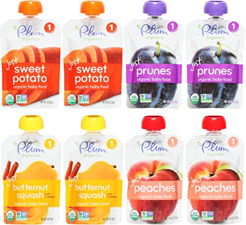 Plum Organics Stage 1 Just Fruit & Veggies Variety Pouch Bundle: (2) Just Sweet Potato 3oz, (2) Just Prunes 3.5oz, (2) Just Sweet Butternut Squash 3oz, and (2) Just Peaches 3.5oz (8 Pack Total)