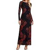 Floral Long Sleeve Mesh Bodycon Maxi Dresses Formal Wedding Guest Party Fall Dress for Women 2025