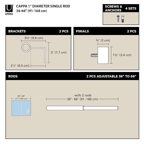 UMBRA CAPPA MODERN 1″ CURTAIN ROD, INCLUDES 2 MATCHING FINIALS, BRACKETS & HARDWARE, NICKEL