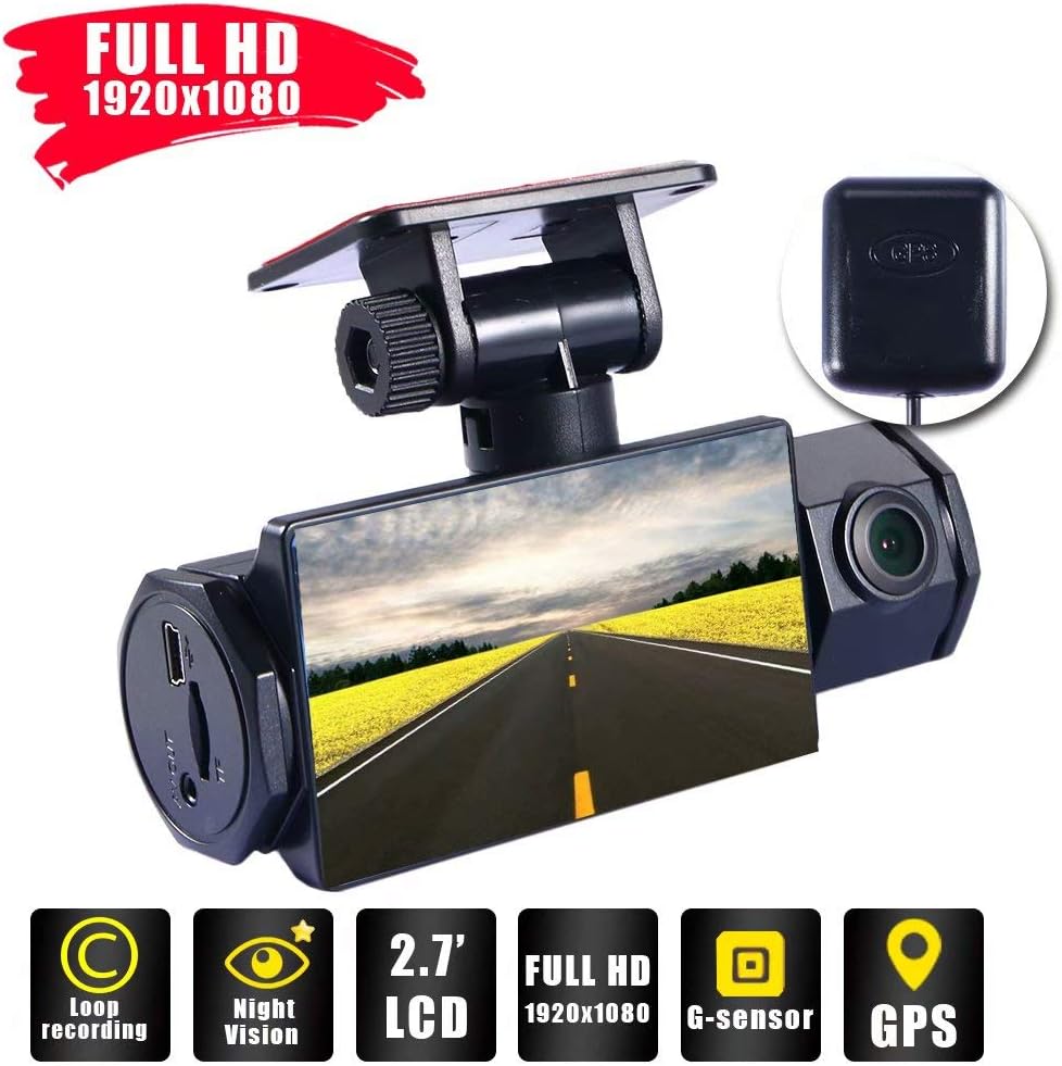 Paddsun GPS Dual Lens Car Dash Cam, FHD 1080P and 170° Super Wide Angle, 2.7” LCD Car DVR Front and Inside Camera Video Recorder with G-Sensor, Loop Recording and WDR