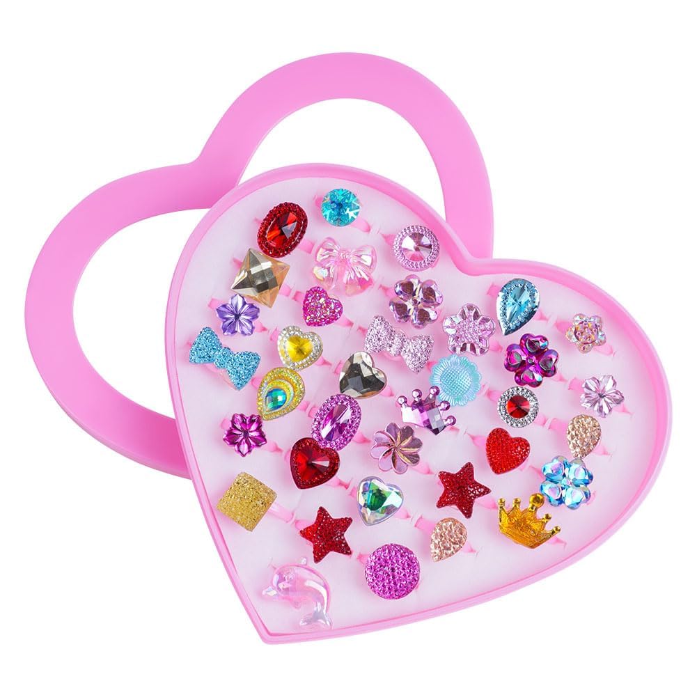 OSDUE Girl Rings, 36PCS Little Girl Jewel Ring in Box, Adjustable jewelry Set for Little Girls, No duplication, Cute Princess Play Dress Up Rings for Kids Little Girls, Dinosaur/Unicorn/Flower Ring