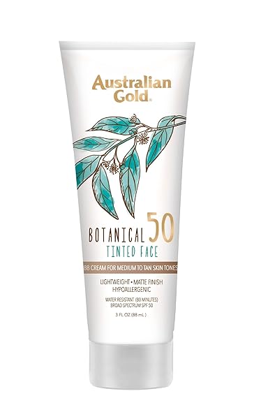 AUSTRALIAN GOLD BOTANICAL SPF 50 TINTED MINERAL SUNSCREEN FOR FACE, NON-CHEMICAL BB CREAM, WATER-RESISTANT, MATTE FINISH, FOR SENSITIVE FACIAL SKIN, MEDIUM TO TAN SKIN TONES, 3 FL OZ
