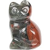 Justinstones Carved Natural African Bloodstone Cat Guardian Statue Home Decor Reiki Chakra Healing Crystal Desk Gemstone Decoration Stone Crafts Gemstone Collectible Gift