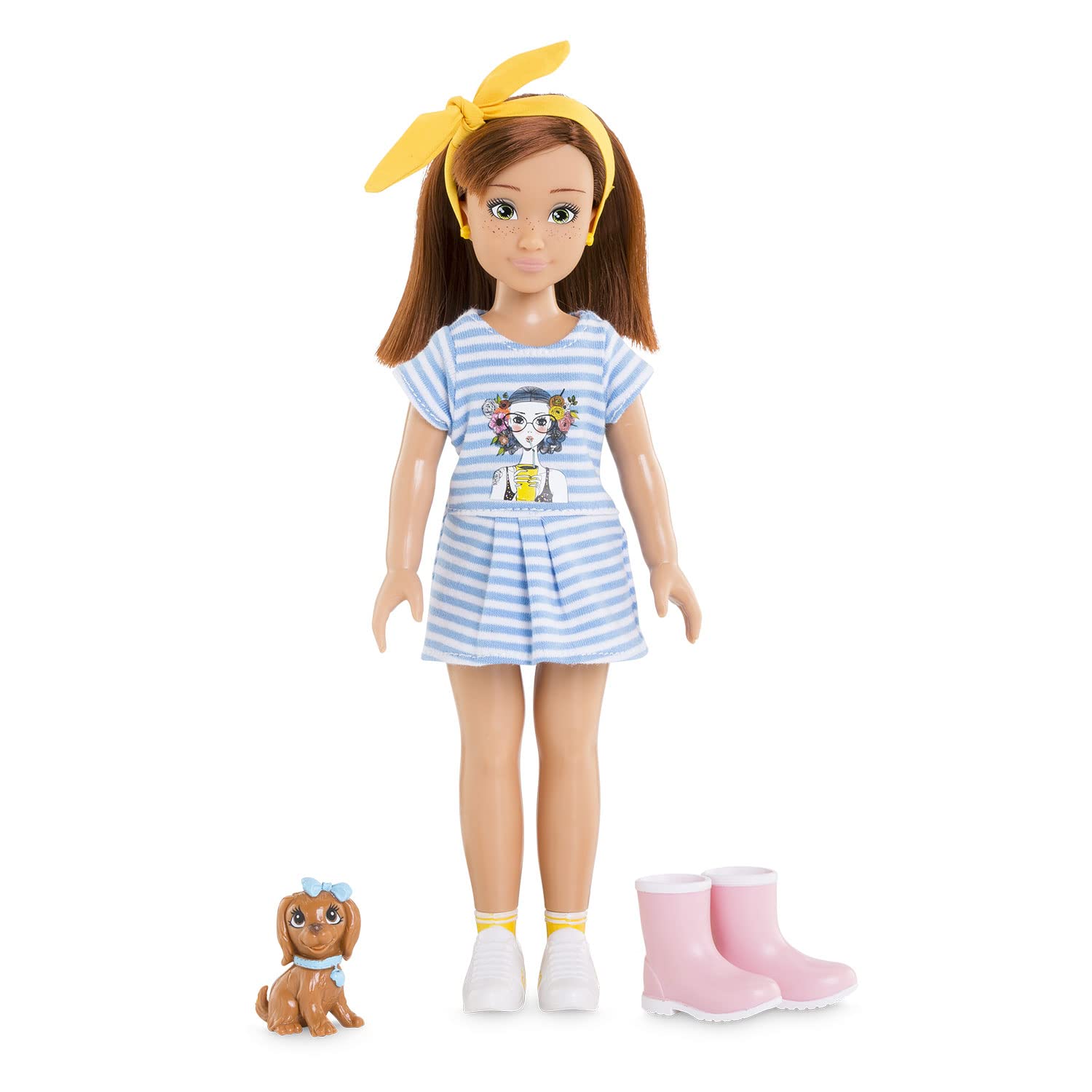 Corolle 9000600040 Girls Zoe Nature and Adventure Set, Dressing Doll in Summer Outfit with Dog, with Hairband, Earrings and Extra Wellington Boots, 28 cm Toy Doll with Vanilla Fragrance, from 4 Years