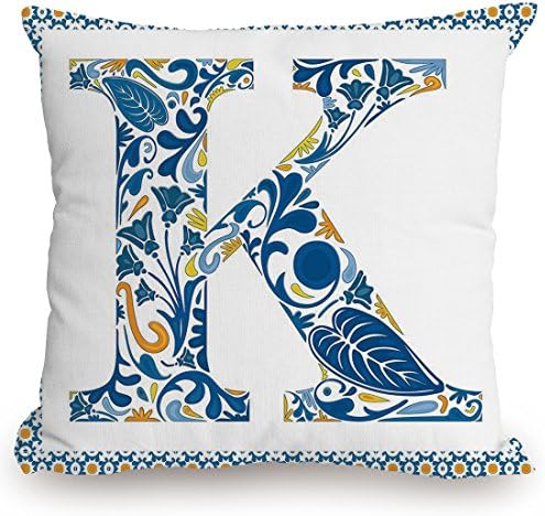 KissCase Throw Pillow Cushion Cover,Letter K,Abstract Artistic Leaves and Blooms and Capital Initial K Ornate Alphabet,Blue Yellow Orange,Decorative Square Accent Pillow Case