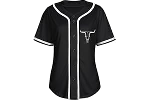 KPSTRO Baseball Shirt Women Cow Skull Graphic Vintage Western Country Music Concert Jersey Button Down Short Sleeve Tops