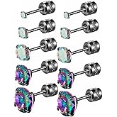5 pairs Stainless Steel Round CZ Screw Back Earrings Hypoallergenic Flat Back Studs for Sensitive Ears, 20G Cartilage Piercing Ears Set Jewelry for Women Men 2-6mm