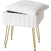 FUXA Vanity Stool Chair with Storage, White Faux Fur Makeup Chair with 4 Metal Legs and Anti-Slip Feet, Soft Padded Seat, Small Footrest Footstool Ottoman, Multifunctional Stool for Bedroom