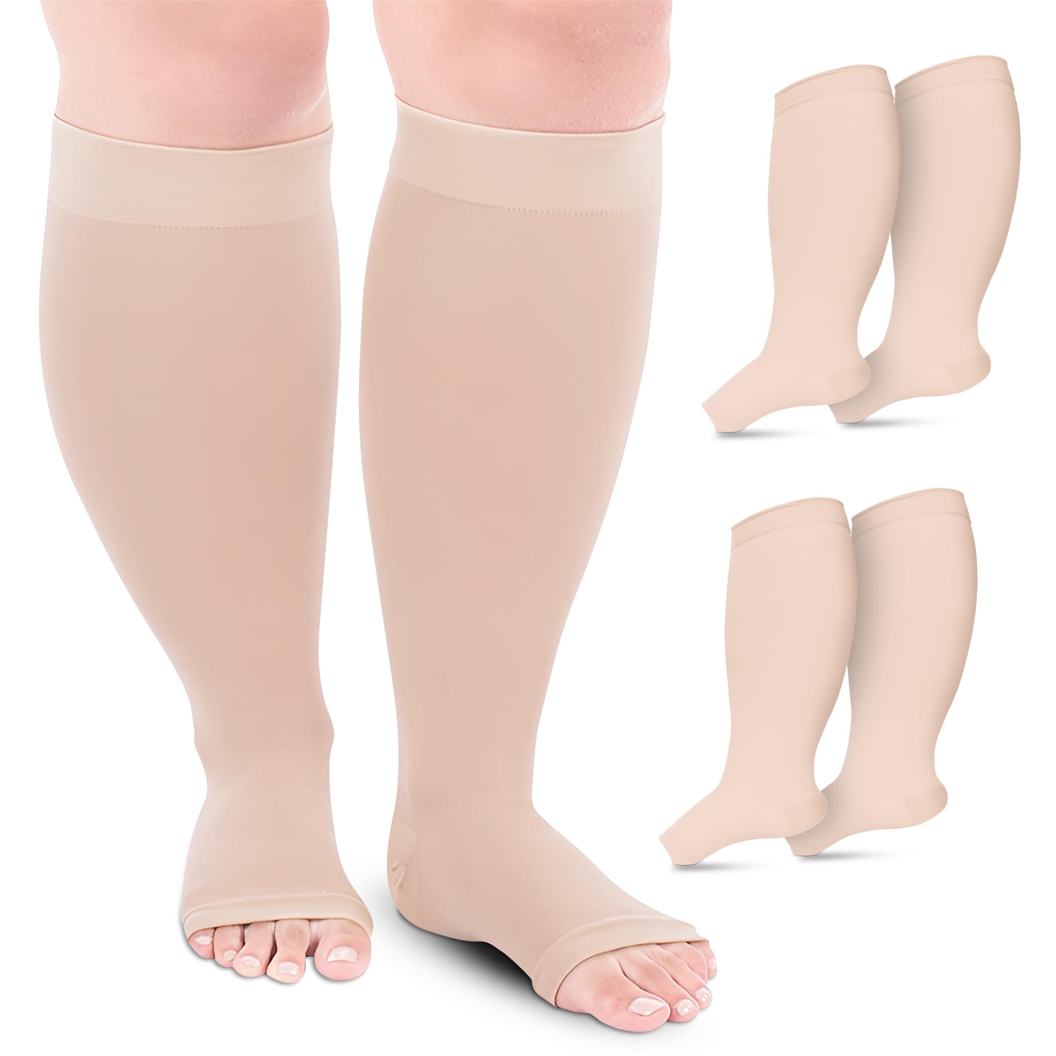 Compression Socks, Flight Socks for Women and Men. (2 Pairs) Plus Size, Wide Calf, Medical Compression Stockings. Knee High with Open Toe. Excellent Support, Helps with Varicose Veins. (Beige, 2XL)