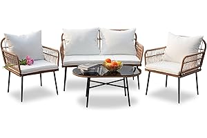 Homsido 4PC Patio Furniture Conversation Set Boho Style,Outdoor Wicker Chairs with White Washable Cushions and Glass Coffee Table Balcony Chairs,Loveseat&Single Chairs