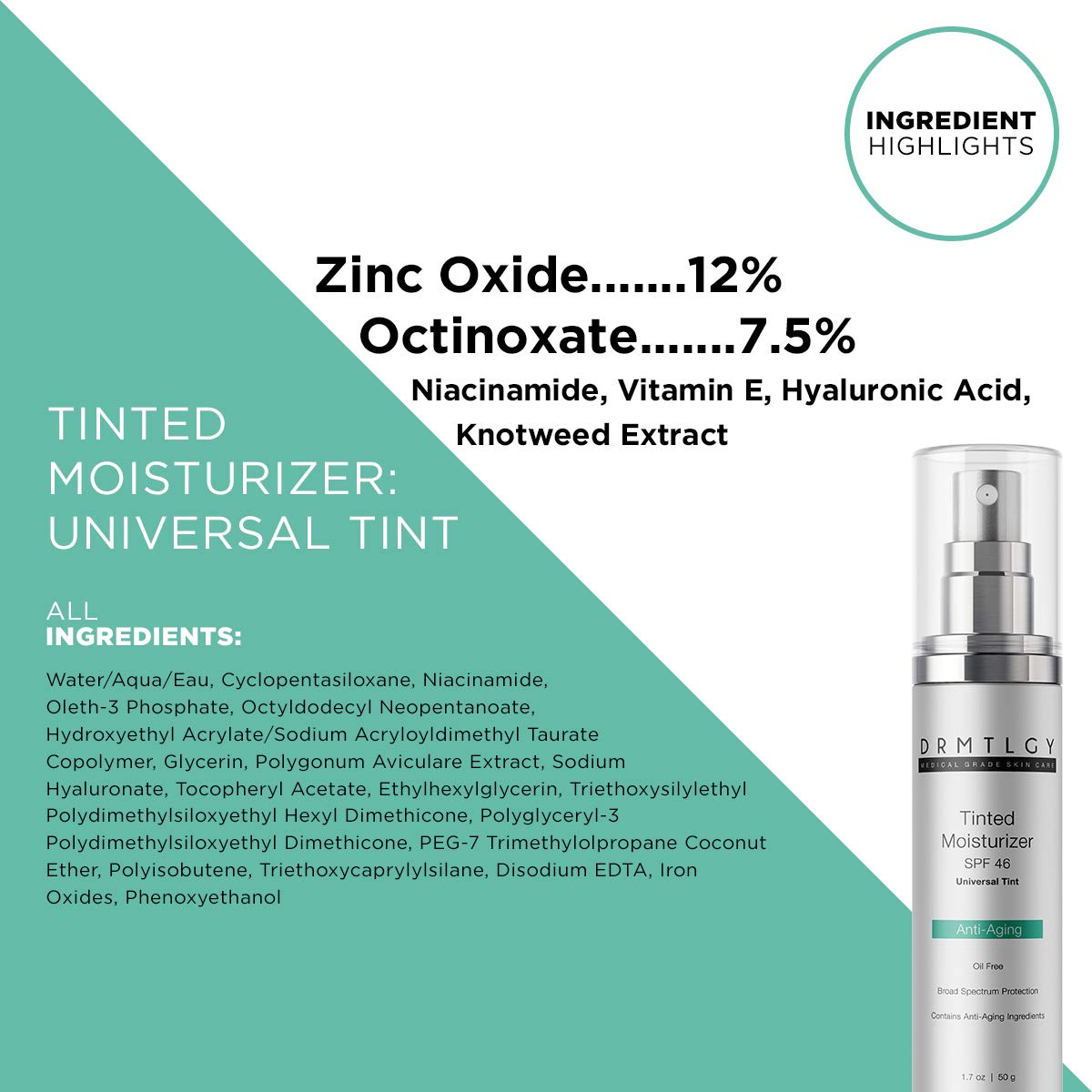 DRMTLGY Anti-Aging Tinted Moisturizer with SPF 46. Universal Tint. All-In-One Face Sunscreen and Foundation with Broad Spectrum Protection Against UVA and UVB Rays. 1.7 oz: Beauty