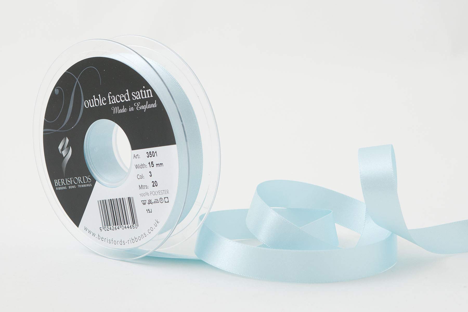 Berisfords Double FACE Poly Satin Ribbon, Sky, 15 mm