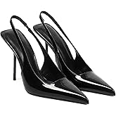 Women's Slingback Stiletto High Heels Pointed Toe Slip On Pumps Shoes Patent Leather Stretch Strap Backless Dress Heels