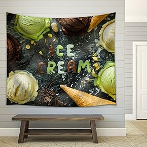 Selection of Colorful Ice Cream Scoops in White Bowls, Copy Space - Fabric Wall Tapestry Home Decor - 51x60 inches