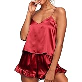 CHYRII Women's Sexy Silk Satin Ruffled Pajamas Sets Cami Shorts Sets Sleepwear
