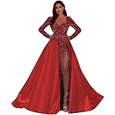 CWOAPO Long Sleeve Prom Dress with Slit Sequin Satin Ball Gown for Women Formal Evening Party Gown with Detachable Train
