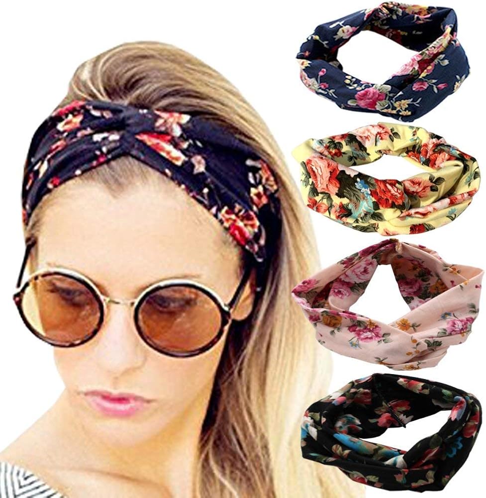 DRESHOW 4 Pack Women Headbands Vintage Elastic Boho Floral Style Criss Cross Head Wrap Hair Band Cute Hair Accessories