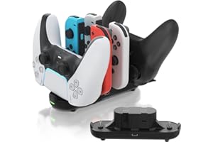 PDOBQ Switch Controller Charger for Nintendo Joy con Charging, Joy-con Charging Dock, 6 in 1 Switch Controllers Charge Dock Station Compatible Nintendo Switch/Pro Controller with Charger Cable & Indicator