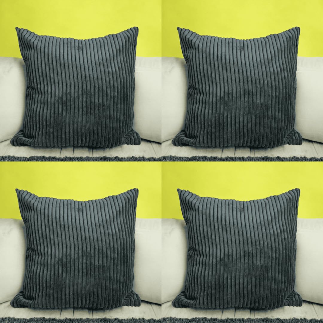 Seechoo Corduroy Cushion Covers, Set of 4, 40 x 40 cm, Plain Soft Striped, Assorted Colours (Charcoal Grey)