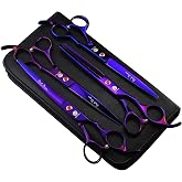 Purple Dragon Professional 7.0 inch Dog Grooming Scissors Set with Silencer | 4PCS Pet Grooming Shears Kit with Straight, Curved, Thinning Blade, Comfortable Grip, Japanese 440C Steel, Gift for Groomers