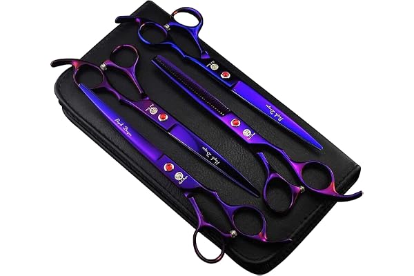 Purple Dragon Professional 7.0 inch 4PCS Pet Grooming Scissors Kit Japan Premium Steel Straight & Curved & Thinning Blade Dog