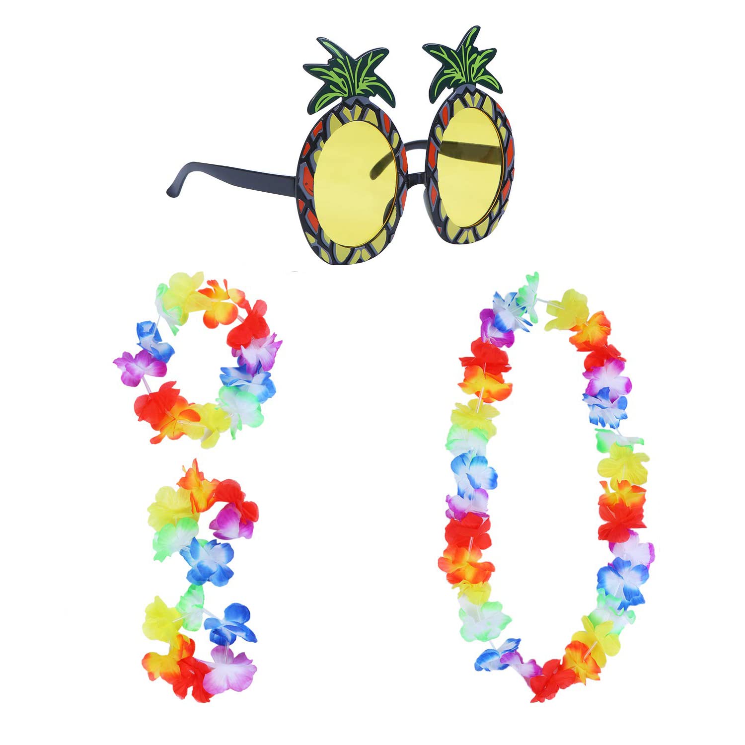 Hawaiian Fancy Dress Set,4 PCS Hawaiian Garland + 1 PCS Pineapple Sunglasses Hula Costume Hawaiian Leis Dancer Dress Set Tropical Decoration Beach Party Decorations