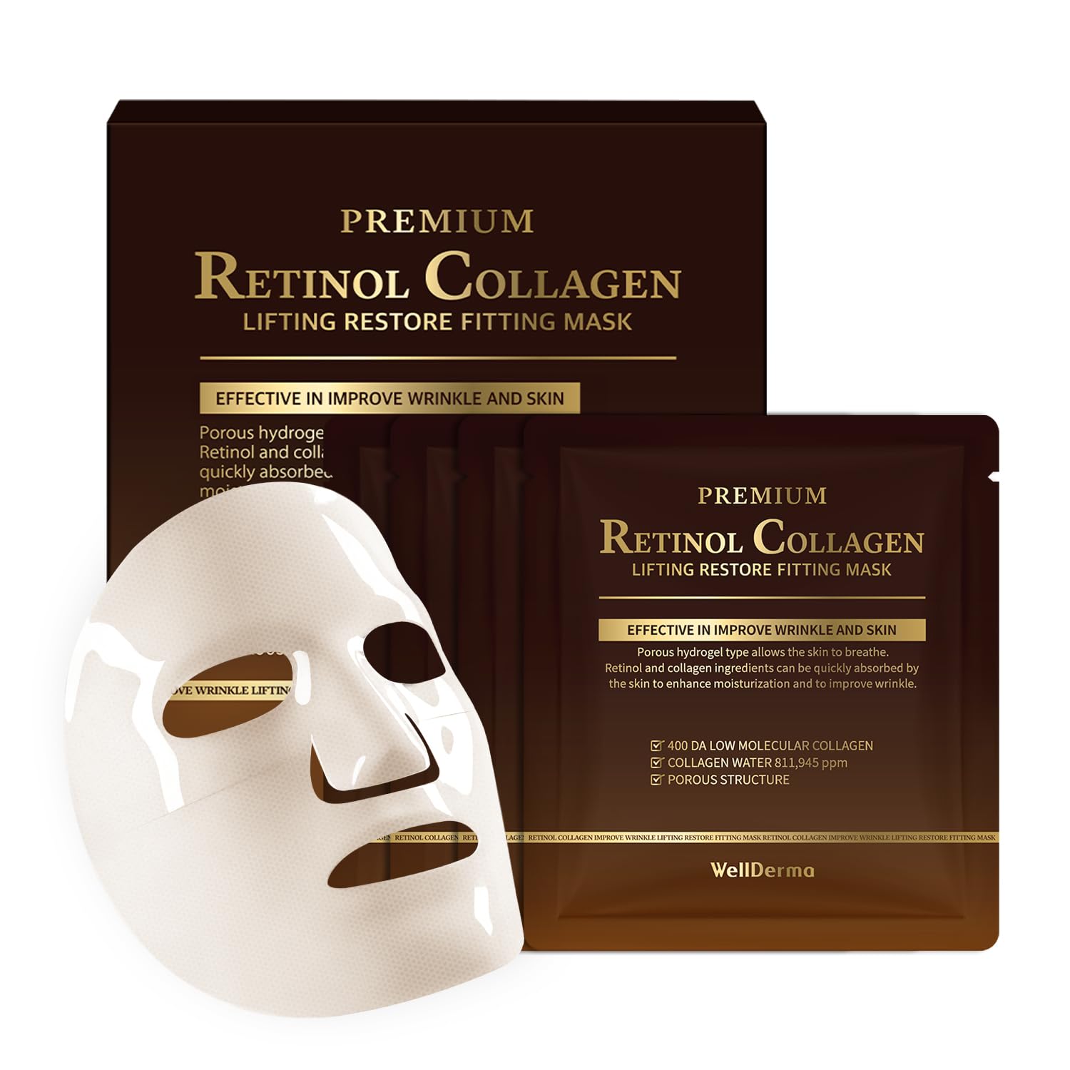 Photo 1 of WELLDERMA Retinol Peptide Lifting Restore Hydrogel Fitting Mask, 25g x 4 Sheets – Firming & Hydrating Micro-Hole Sheet Mask with Retinol, Peptide Complex, Collagen Water & Niacinamide