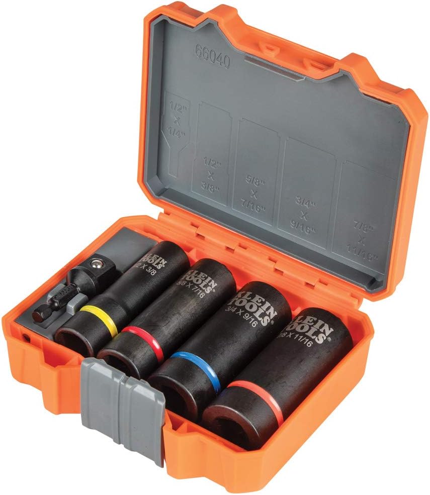 Klein Tools Socket Set, 5-Piece Impact Socket Set with Deep Sockets, 12 Point, 1/2-Inch Drive Size, Carrying Case Included