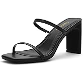 Carcuume Women's Square Toe Two Strap Open Toe Block Heels Sandals Slip On Shoes,Black Pu,8.5